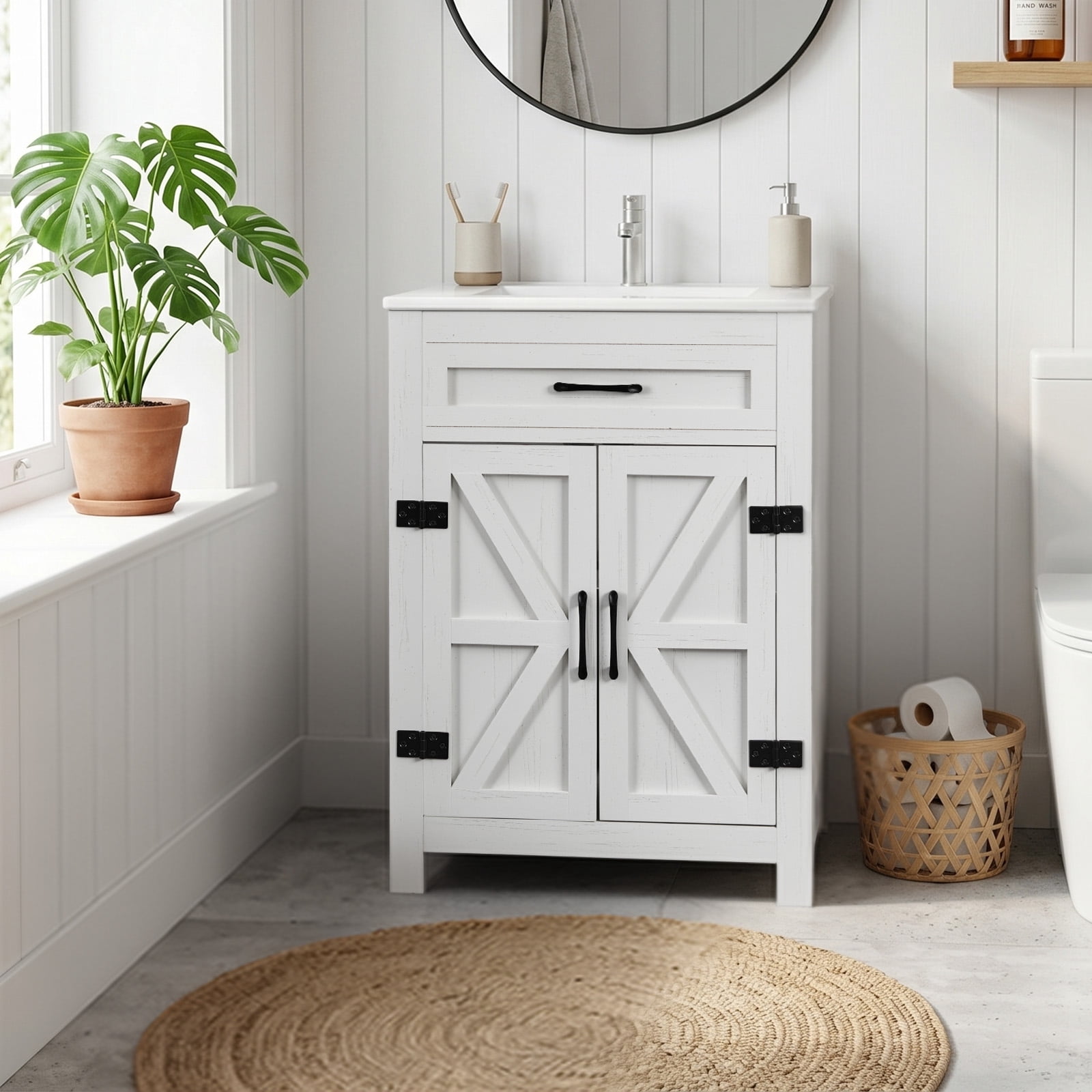 Washbasin Cabinet, Barn Double Door With U-Shaped Internal Shelves, Washed White Particleboard With Melamine Veneer, 61*47*85cm (24 inches)