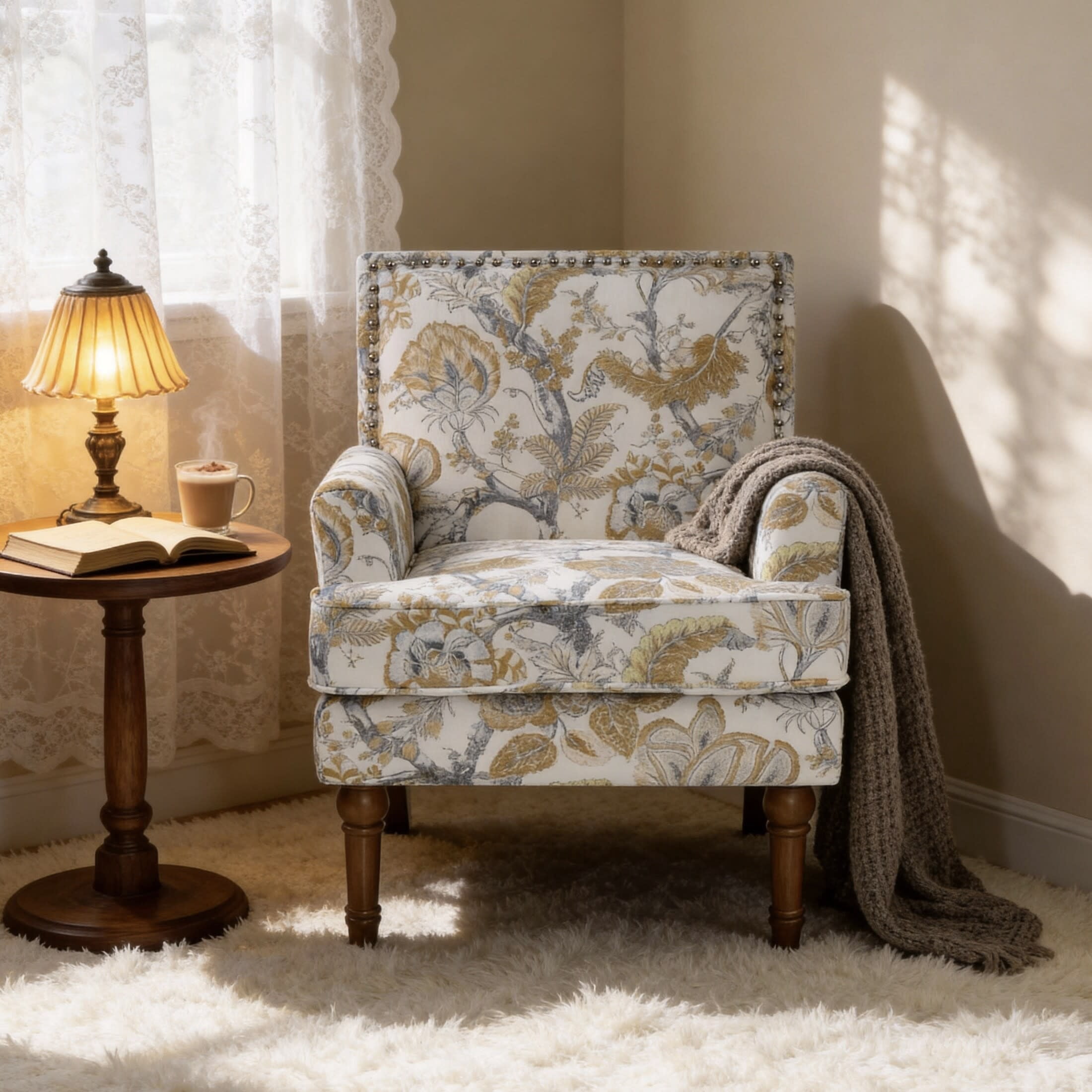 Noble House Floral Accent Chair with Nailhead Trim, Solid Wood Legs, Gold + Gray