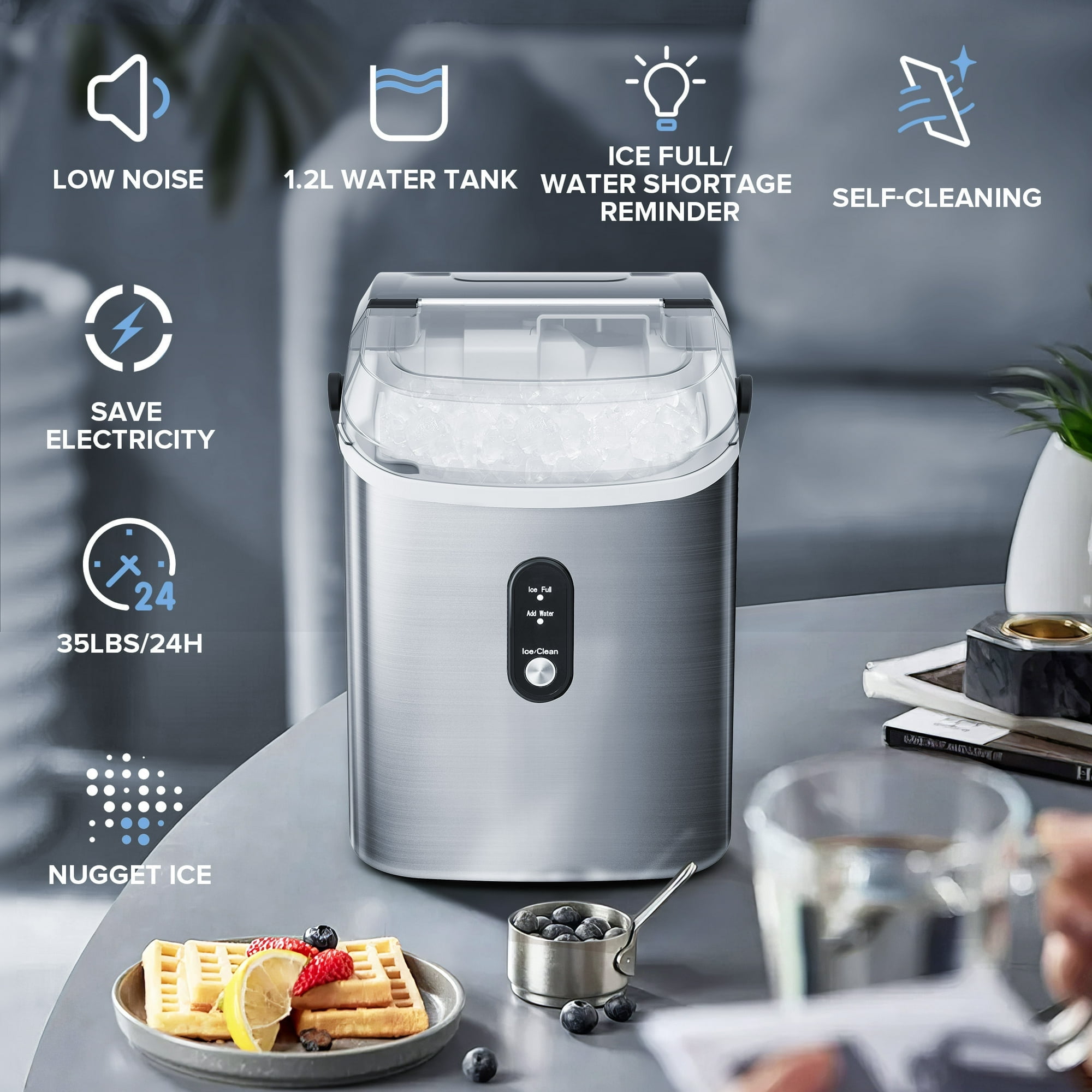 Auseo 35Lbs Nugget Ice Maker Countertop, Self-Cleaning with Ice Scoop, for Home/Office/Bar, Stainless Steel-Silver