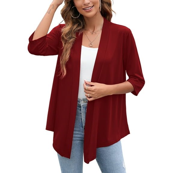 SHOWMALL Women's Casual Lightweight Open Front Cardigans Soft Draped 3/4 Sleeve Cardigan, US Size Medium, Wine Red
