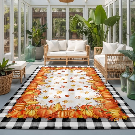 Area Rug 4x6ft Thanksgiving Pumpkin Fall Orange Maple Leaf Washable Rugs for Living Room Bedroom Black White Buffalo Plaid Soft Non-slip Area Rugs Rectangle Floor Carpet for Dining Room