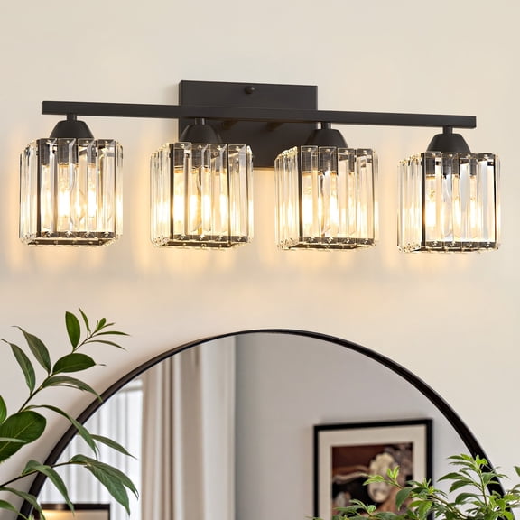 Deyidn 23.23" Modern Black Vanity Light, 4-Light Dimmable Bathroom Light Fixture with Square Crystal Shades, for Mirror Lighting, Bathroom Wall Sconce