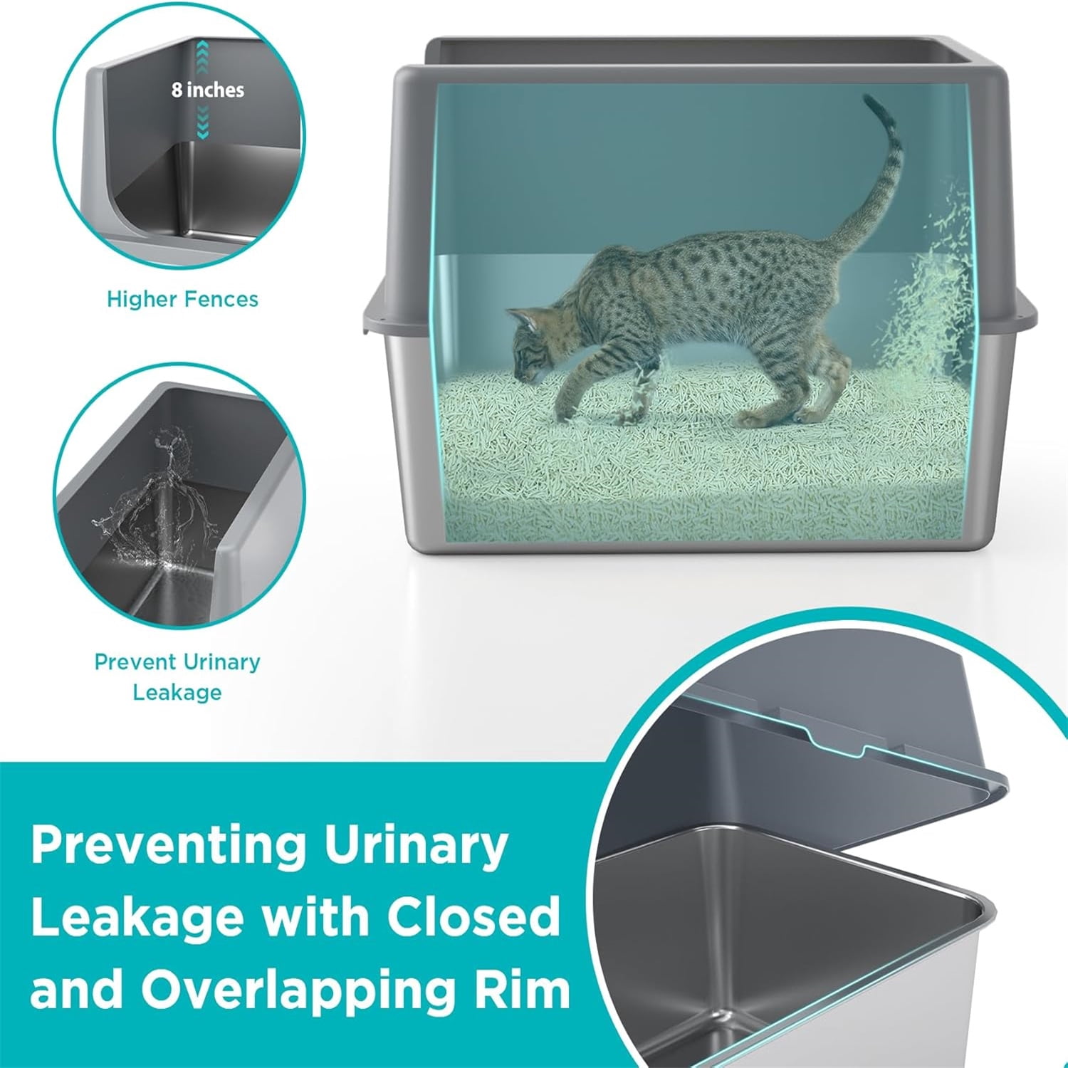 Stainless Steel Litter Box with Lid, XL Metal Cat Box for Indoor Cats, Enclosure Cat Litter Pan for Large Cats, Non-Sticky Large Kitty Litter Box, Anti-Leakage, 23.5" X 15.5" X 16"