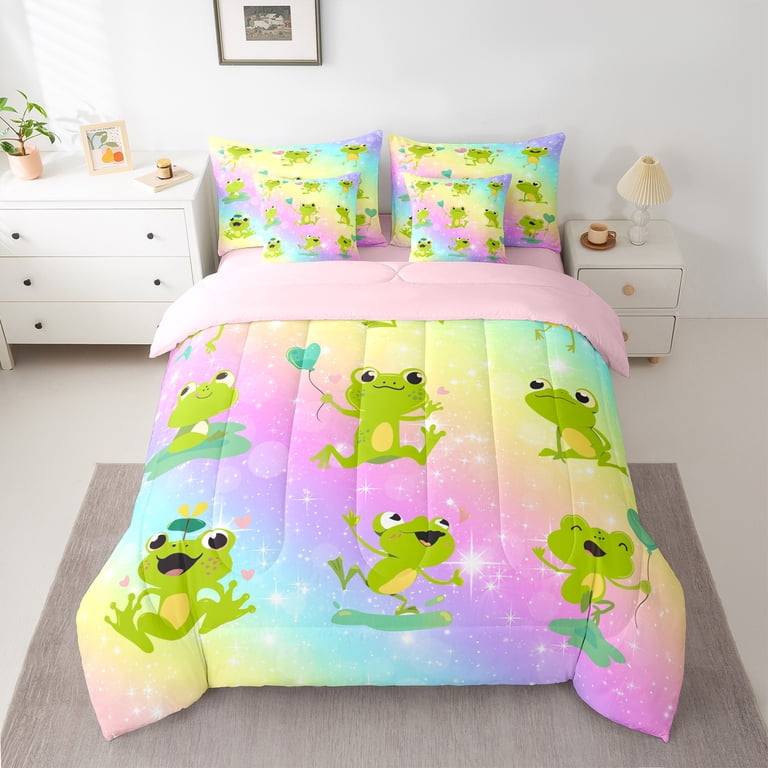 Homewish Funny Green Frog Bedding Comforter Set 7 Pieces, Glitter