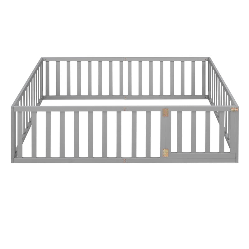 Full Size Floor Bed Platform Bed with Fence and Door, Wooden Montessori Bed Toddler Bed Kids Playhouse Bed with Guardrails for Boys Girls, No Slats