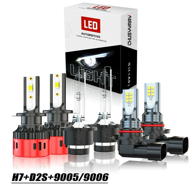 6x LED/HID Headlight H7 D2S Hi/Low Beam + H8/H9/H11 Fog Light Bulbs Kit 6000K White Light Bulbs
