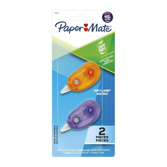 Paper Mate Liquid Paper DryLine Micro Correction Tape, Orange/Purple Dispensers, 2 Count
