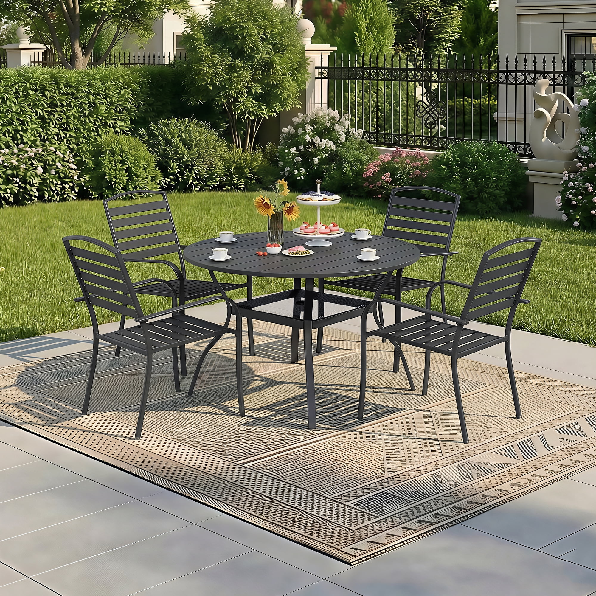 Vicluke Outdoor Dining Chairs Set of 4, Black Stackable Patio Dining Chairs with WPC Seat, Heavy Duty Metal Frame Wrought Iron Bistro Chairs with Armrests, 300 Lbs for Patio, Deck, Porch, Backyard