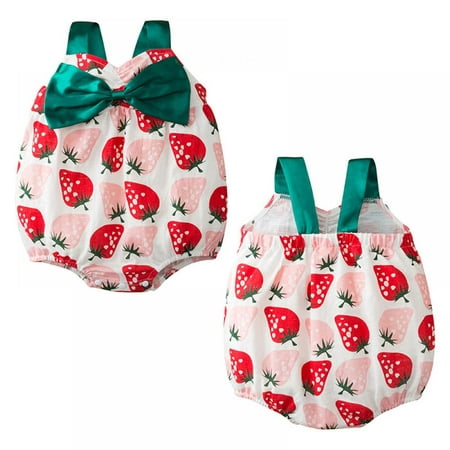 

[Clearance!]Girl Bodysuits Newborn Infant Girls Sweet Strawberry Print Bowknot Cotton Jumpsuit Sleeveless One-piece Clothes