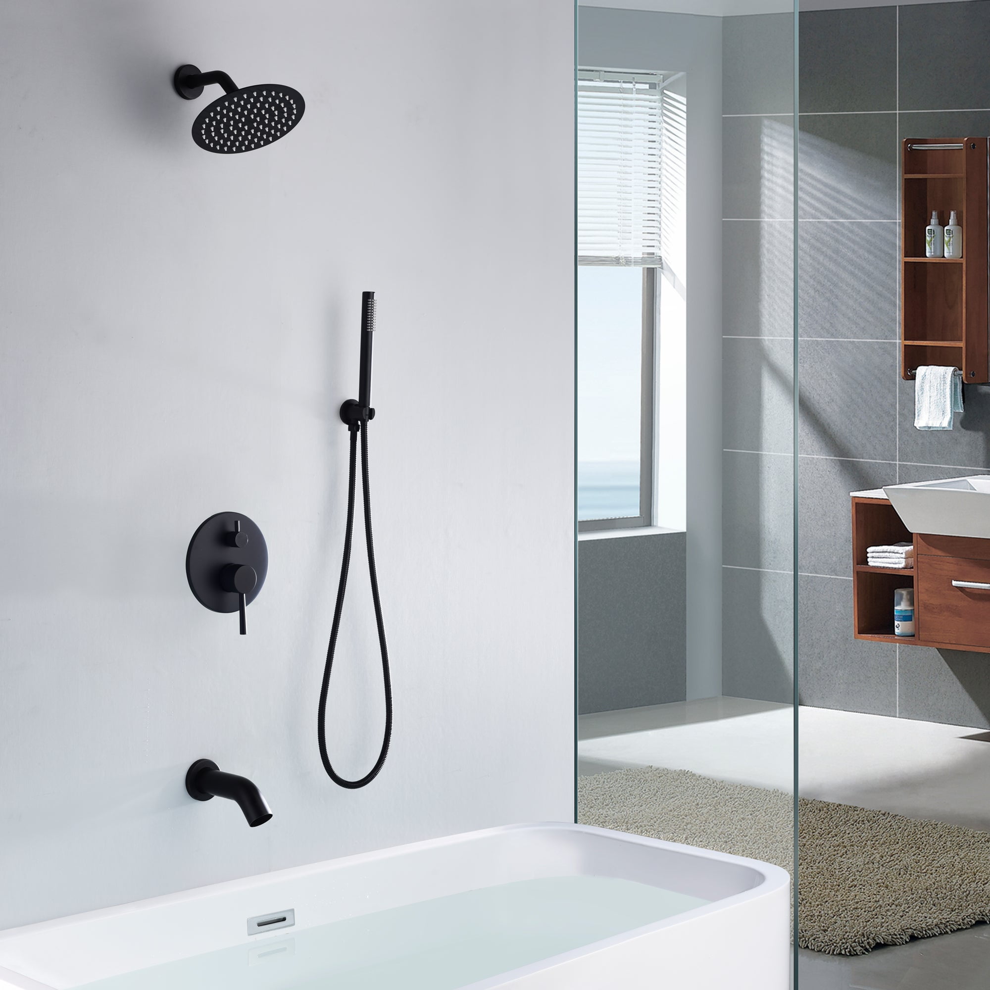 Sumerain Matte Black Rain Shower System Set with Waterfall Tub Spout