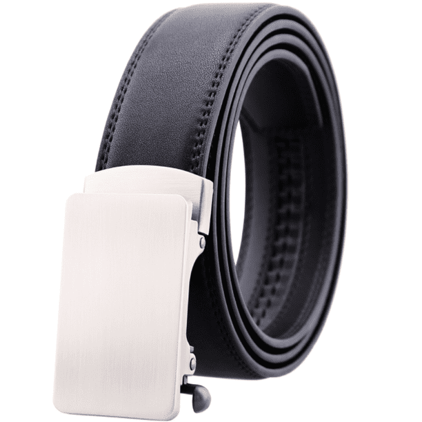 Black Belt Silver Buckle Mens Adjustable Ratchet Slide Buckle Belt -  Genuine Leather Automatic