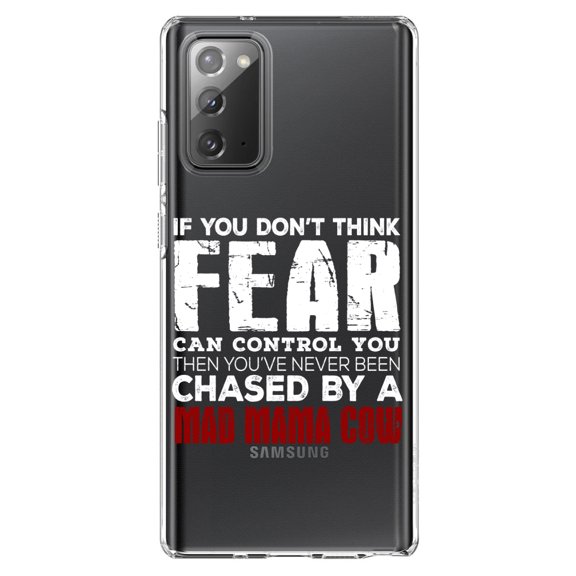 DistinctInk Clear Shockproof Hybrid Case for Samsung Galaxy Note 20 (6.7" Screen) - TPU Bumper Acrylic Back Tempered Glass Screen Protector - Never Been Chased By A Mad Mama Cow