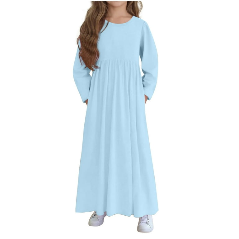 JUSLIO Dresses for Girls Light Blue Dresses with Pockets Crew Neck Long  Sleeve Casual Dress Size 13 Y - Walmart.com