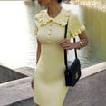 thumbnail image 4 of Women'S Pan Collar French Retro Knit Dress with Ruffle Trim Button Front Elegant Style Yellow XL, 4 of 9