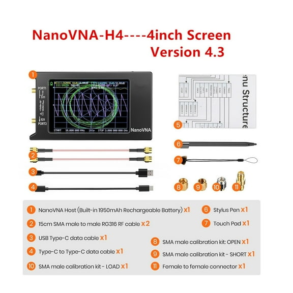 Updated VNA-H4 4inch Vector Network Analyzer 10k-1.5GHz HF VHF UHF Antenna Analyzer Version 4.3 With SD Card Slot ,Easy to Use