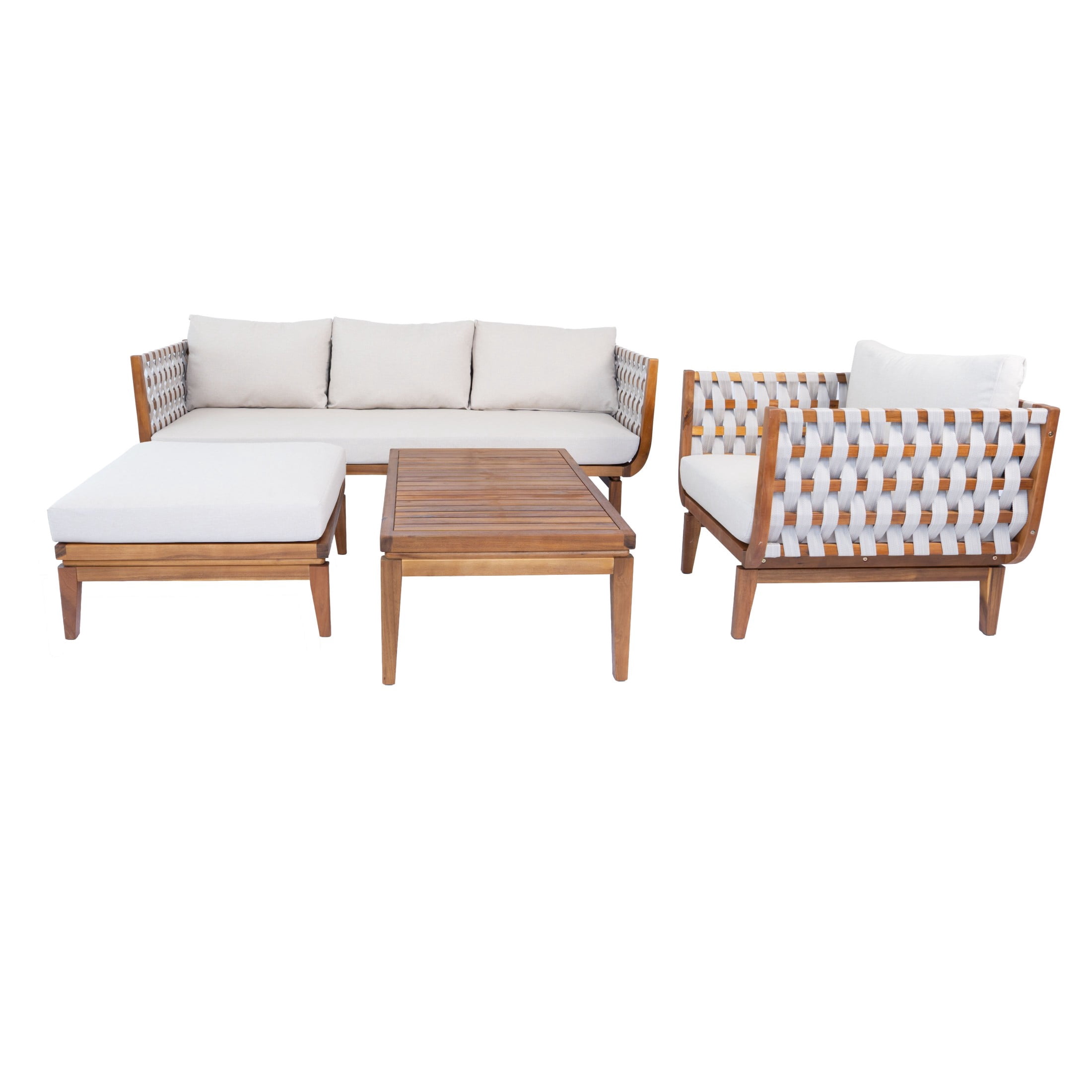 Christopher Knight Home 4-Piece Outdoor Conversation Sofa Set with Ottoman and Coffee Table, Teak+Beige