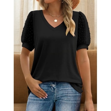 Womens Summer Casual Shirts Short Sleeve Tunic V Neck Trendy Blouses Tops