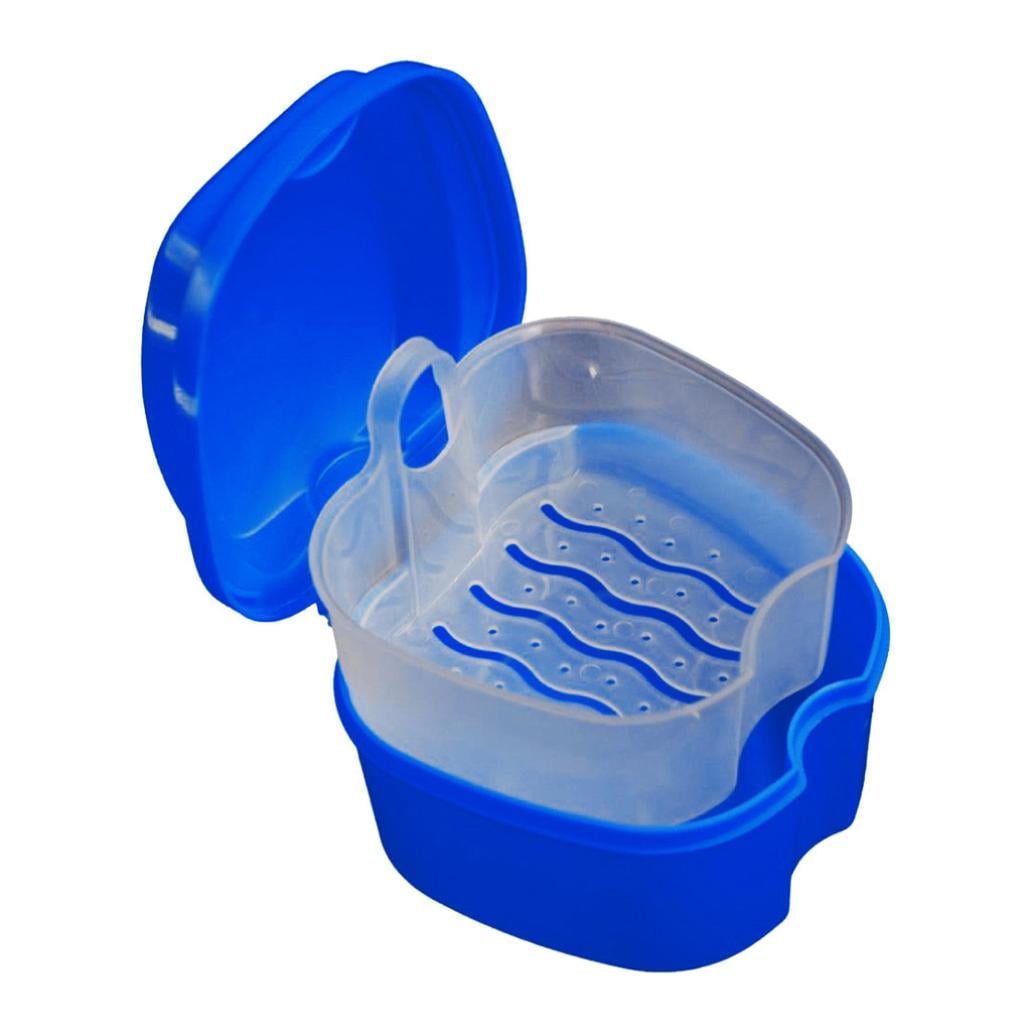 FAFWYP 2 Pack Colors False Teeth Bath Case Cup Denture Box Holder Storage Soak Container with Hanging Net Container Basket for Travel Cleaning (Light Blue and White)