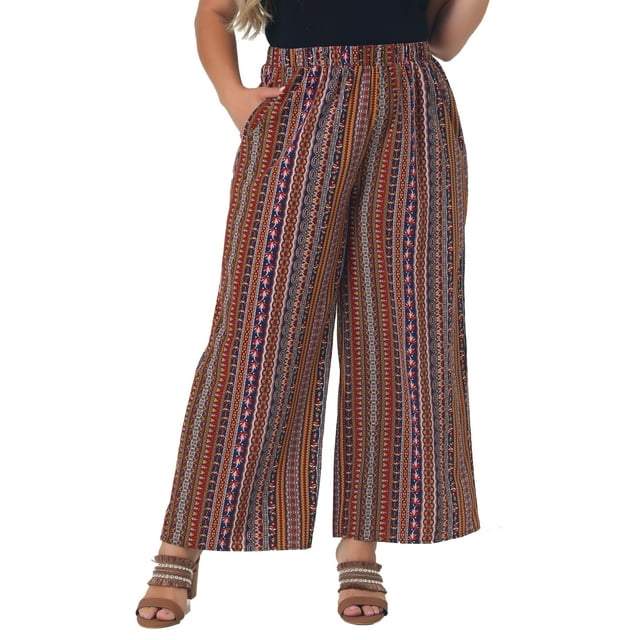 Pantalones Palazzo de Talla Grande para Mujer Agnes Orinda, Rayas Boho, Pantalones de Pierna Ancha, Estilo Paper Bag, Casual de Playa, Verano, Talla 1X, Rojo Marrón