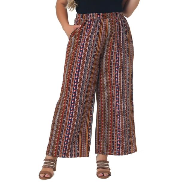 Pantalones Palazzo de Talla Grande para Mujer Agnes Orinda, Rayas Boho, Pantalones de Pierna Ancha, Estilo Paper Bag, Casual de Playa, Verano, Talla 3X, Rojo Marrón