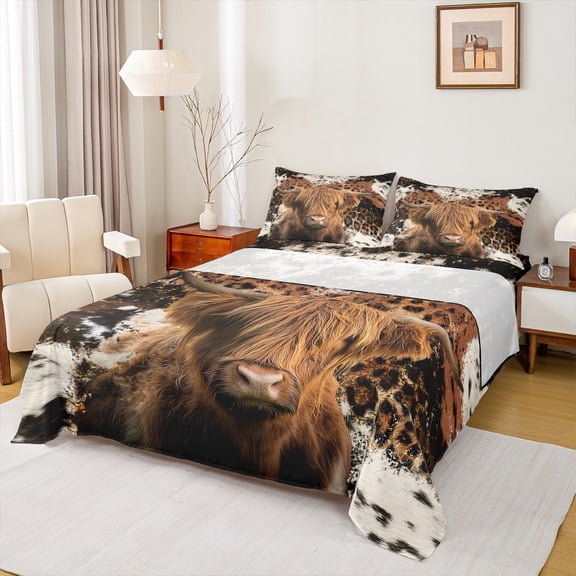 Homewish Highland Cow 3pcs Twin Sheet Sets for Children Teens,Animal Print Twin Fitted Sheet,Farmhouse Animal Breathable Flat Sheet,Breathable Home Decor