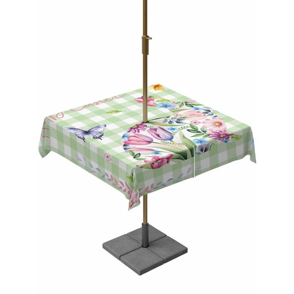 Outdoor Tablecloth with Umbrella Hole and Zipper, Easter Bunny Square Table Cloth 54x54 Inch Waterproof Tablecloth, Spring Flower Daisy Tulips Green Checkered Picnic Table Cover for Patio Camping