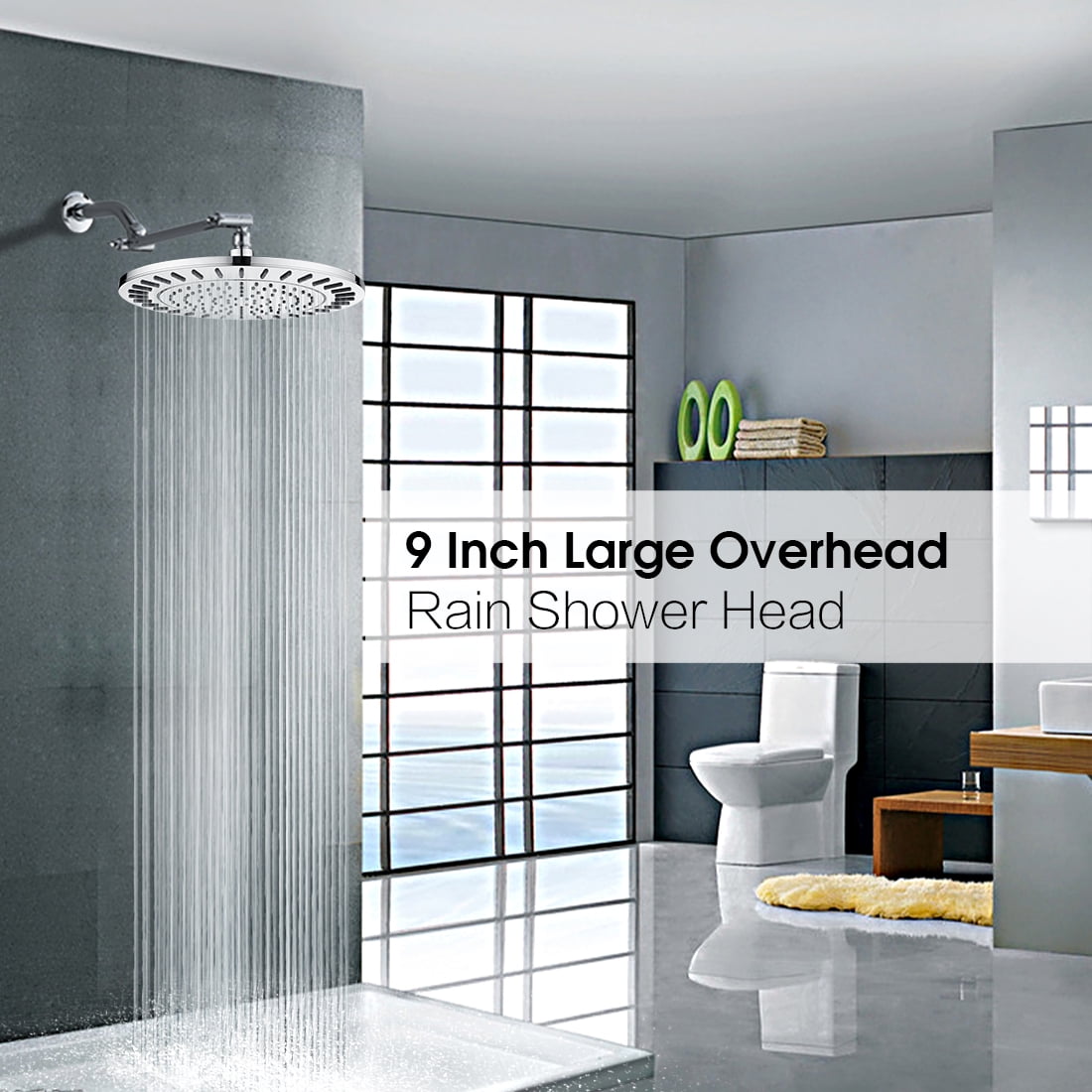 BRIGHT SHOWERS Rain Shower Head, 9 Inch High Pressure Waterfall Showerhead with Adjustable Angle and Anti-clogging Silicone Nozzles, Luxury Bathroom Overhead Rainfall Shower Head, Chrome