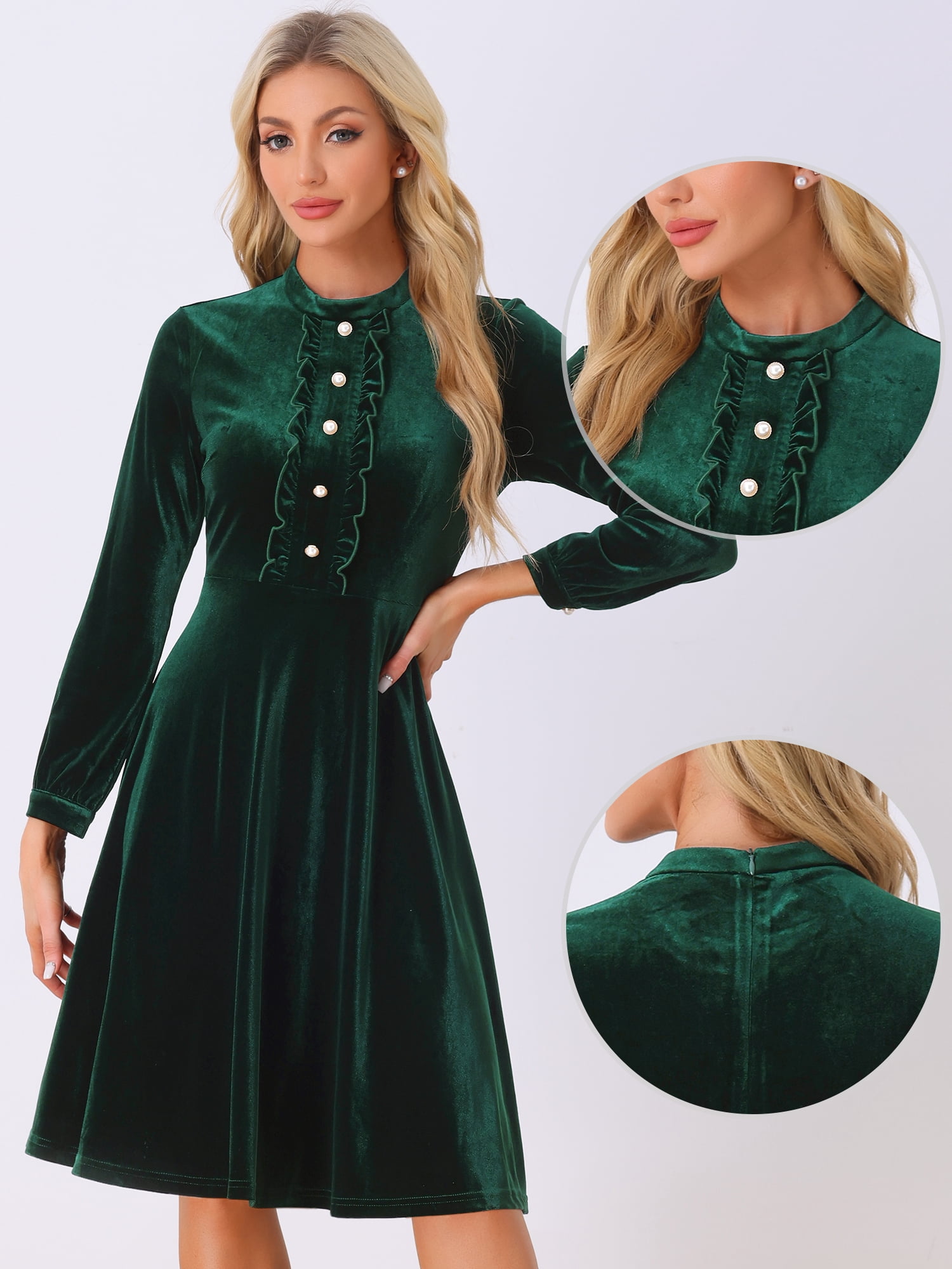 DARING DIVA Button Front Ruffle Vintage Flared Dress S Dark Green