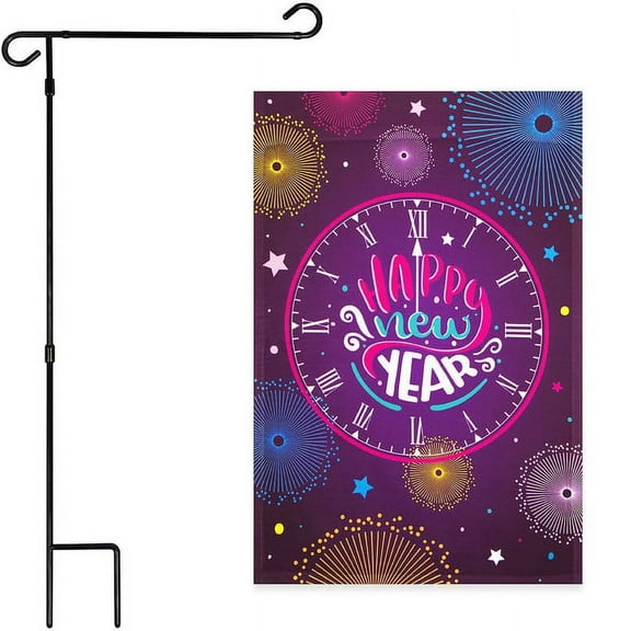 G128 Sets: 36"x16" Garden Flag Stand AND 12"x18" Garden Flag New Year Midnight Clock