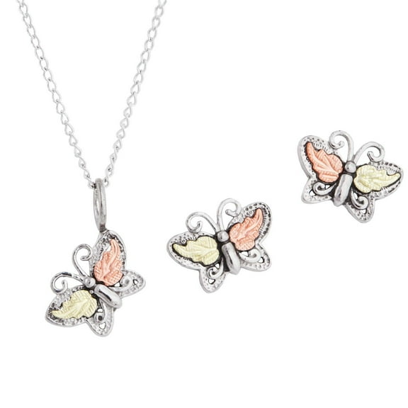 Sterling Silver Black Hills Gold Butterfly Pendant and Earring Set