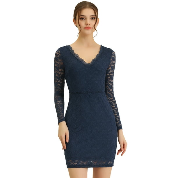 Mini vestido ajustado elegante de malla transparente de manga larga con encaje elástico para mujer Azul Marino S