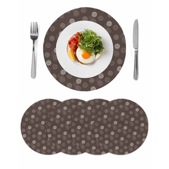 Brown Daisy Round 15 Inch Placemats Set of 4, Modern Farmhouse Chrysanthemum Floral HeatResistant Non Slip Place Mats for Dining Table, Wipeable Braided Kitchen Table Mats for Housewarming