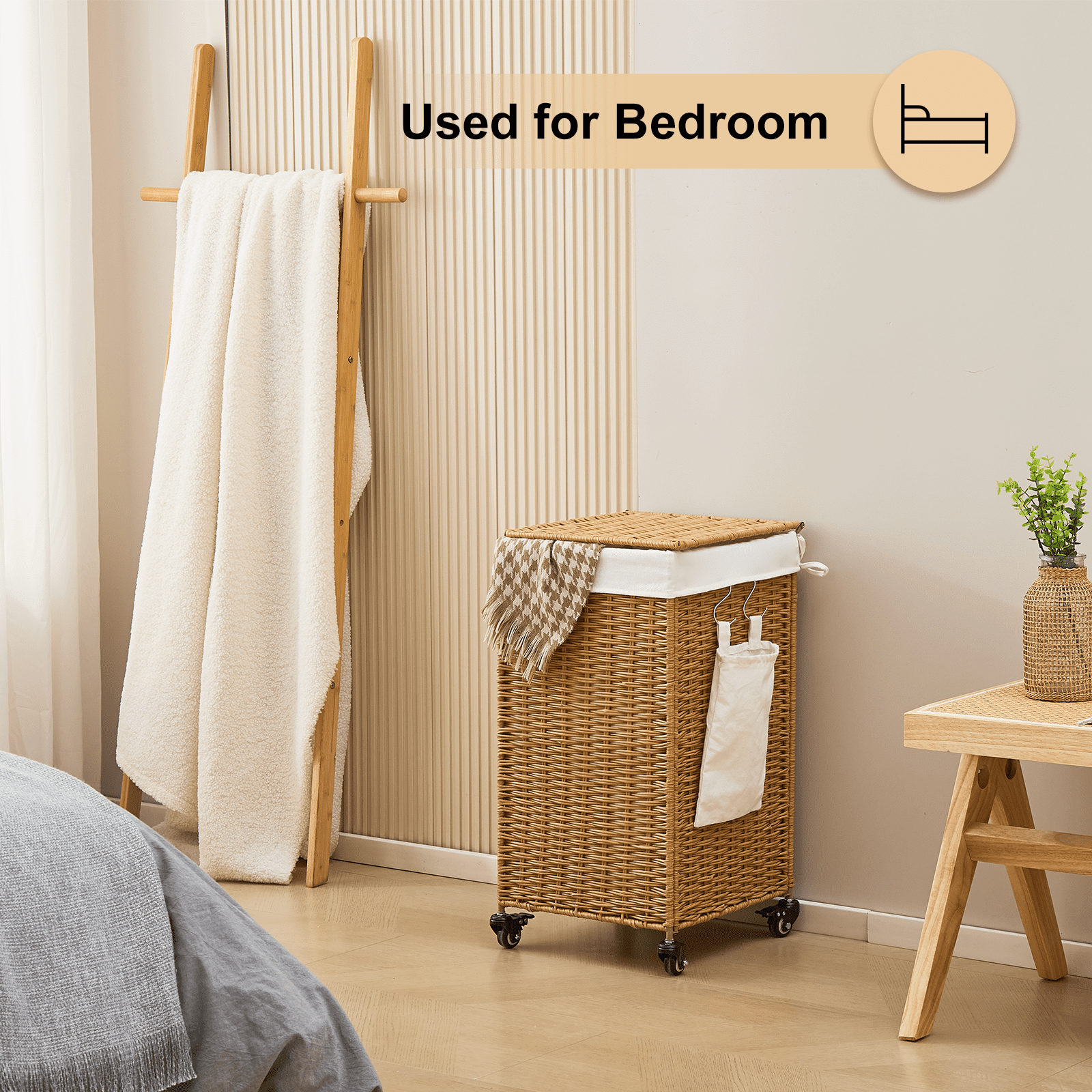 78L Laundry Hamper with Lid and Wheels, Woven Rattan Rolling Laundry Hamper