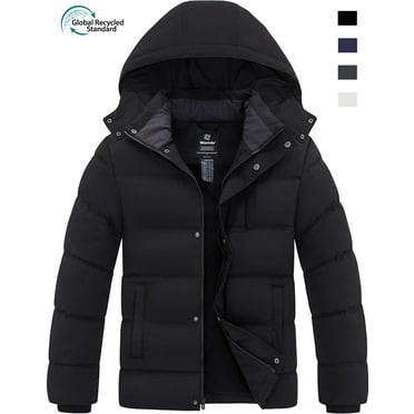 Wantdo Men's Recycled Winter Coat Warm Winter Jacket Waterproof Puffer Jacket with Deachable Hood Black L