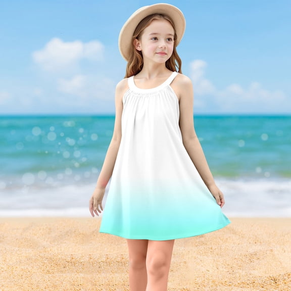 Summer Sundresses for Girls Sleeveless Dresses Size 4-15 Teens Kids Trendy Gradient Printed Pullover A-Line Beach Mini Dress