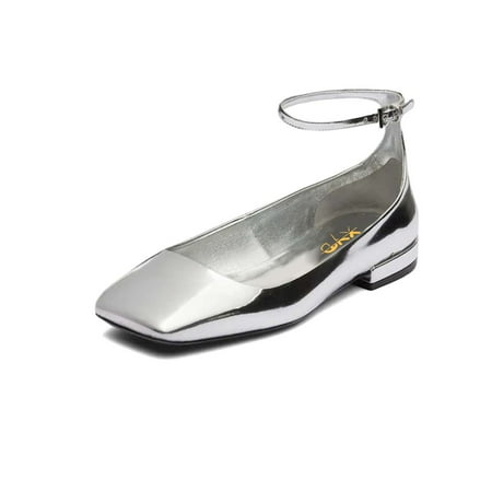XYD Women Square Toe Flats Slender Ankle Strap with Buckle Chic Low Heel Casual Dress Shoes Size 7 Silver