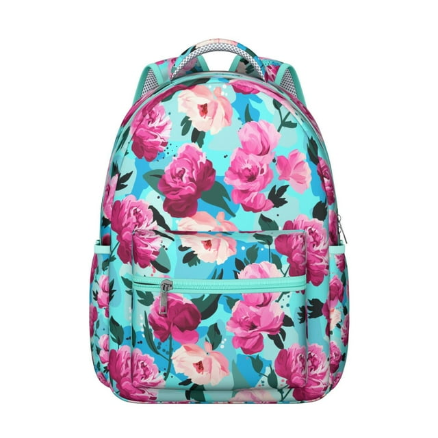 Floral and Hummingbird Illustration School Backpack Multifunctional Students Backpack with Watercolor Flower Pattern and Adjustable Straps