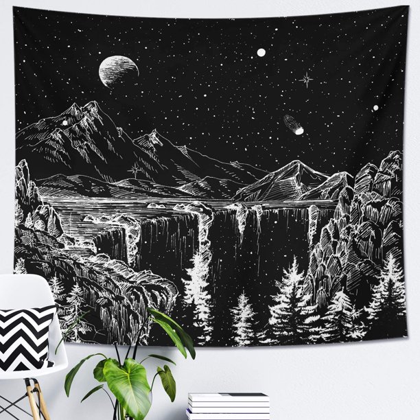 Tapiz de noche estrellada, tapiz de montaña, tapiz de luna y estrellas, tapiz de pared en blanco y negro para dormitorio, sala de estar, dormitorio, decoración de 59 x 51 pulgadas