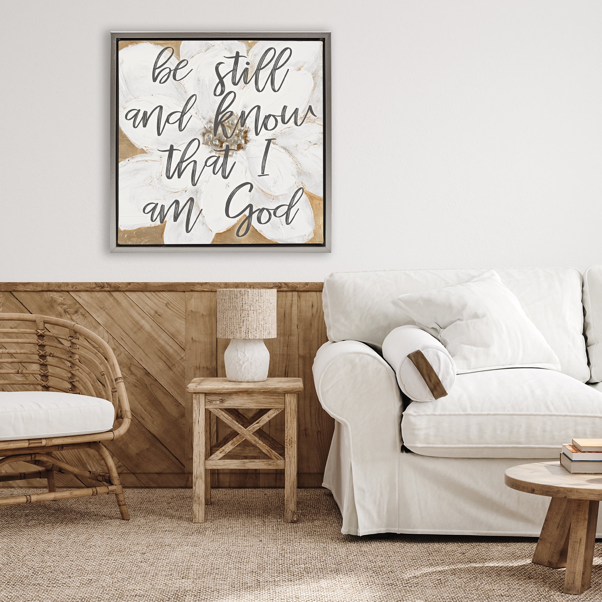 Stupell Industries Be Still Script with Flower Gray Framed Floater Canvas Wall Art, design by Lanie Loreth