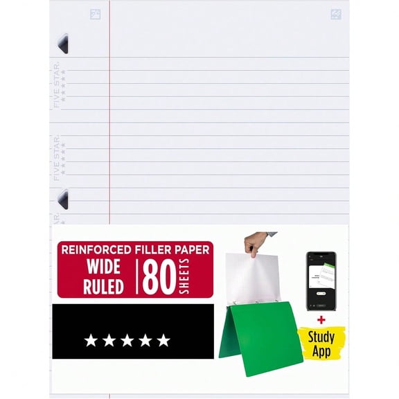 Loose Leaf Paper   Study App, Wide Ruled Filler Notebook Paper, Reinforced, Fights Ink Bleed, 8" x 10-1/2", 80 Sheets (150002)
