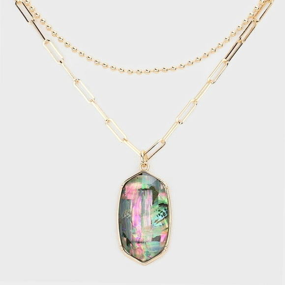 Abalone Hexagon Pendant Double Layered Necklace
