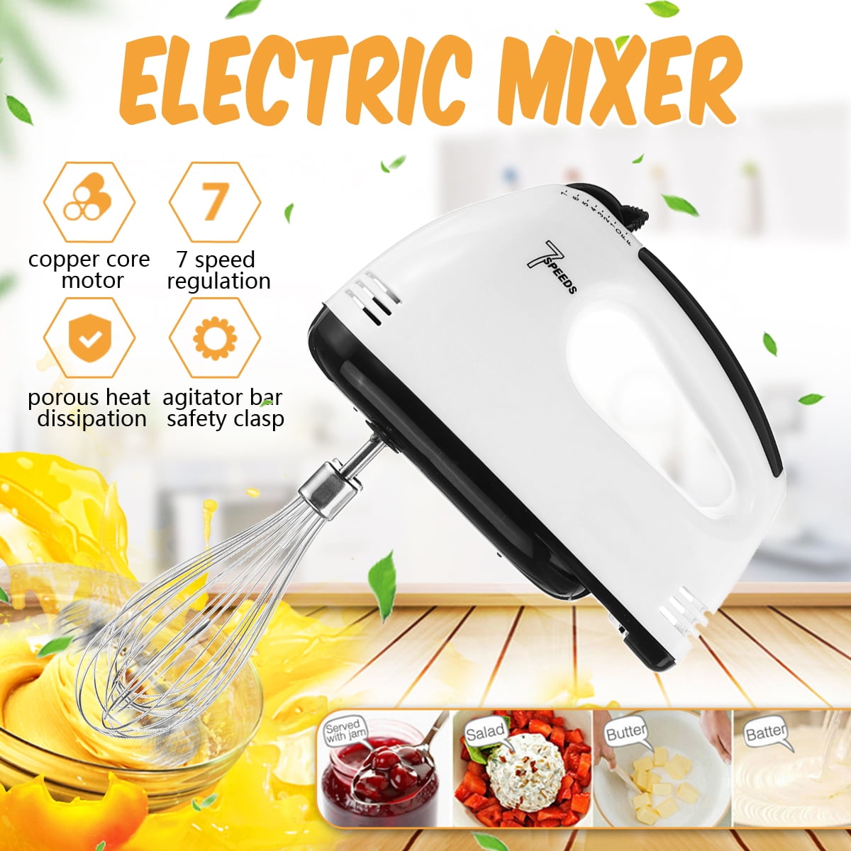 50/60Hz 100W Electric Handheld 7 Speed Beater Cream Dough Mixer Whisk