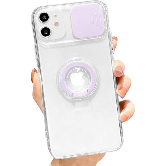 Compatible with iPhone 11 Case with Ring Holder, Clear Silicone Shockproof Soft TPU Back Slide Camera Cover Case for iPhone 11 6.1 Inch, White