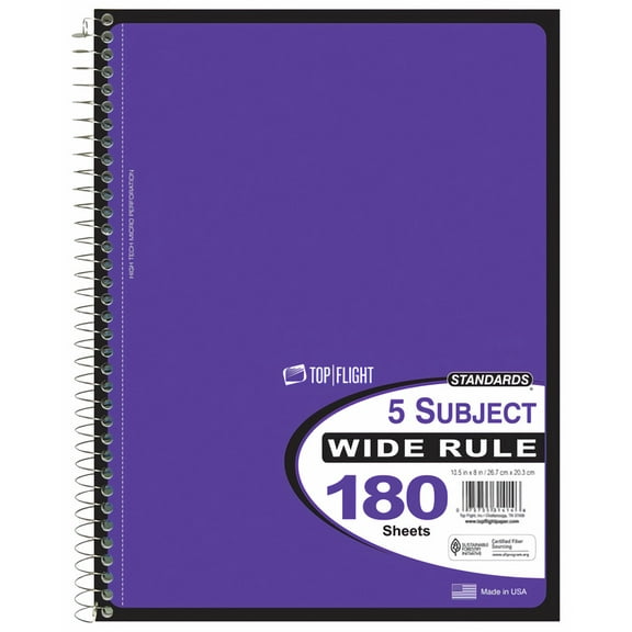 Top Flight Standards 5 Subject Notebook Wide Rule Colors Will Vary (Pack of 3)
