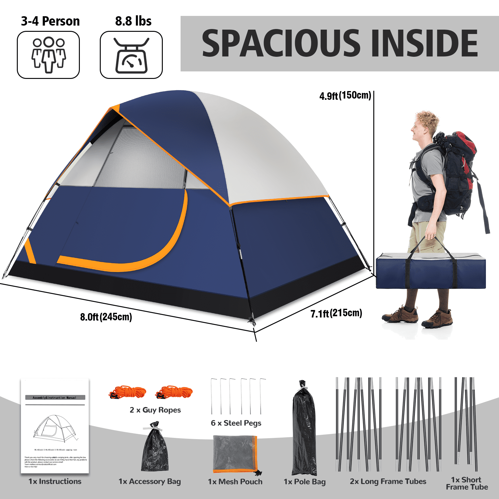 COBIZI 4 Person Tent for Camping with Waterproof Rainfly,EZ Setup Tent Windproof Instant Family Dome Camping Tent with Mesh Door & Ventilation Windows for Beach Camping Hiking Backpacking,Blue