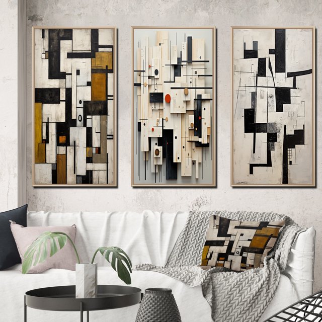 Designart "Urban Groove Garden Abstract Geometrics V" Modern Geometric Framed Wall Art Set Of 3 - Black Abstract Frame Gallery Set For Office Decor
