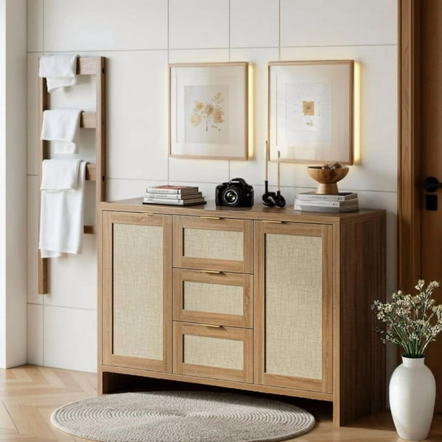 Modern Rattan Buffet Cabinet Sideboard, 47" Boho Credenza Console Table with Drawers & Doors, Wooden Coffee Bar Cabinet for Living Room, Entryway, Farmhouse