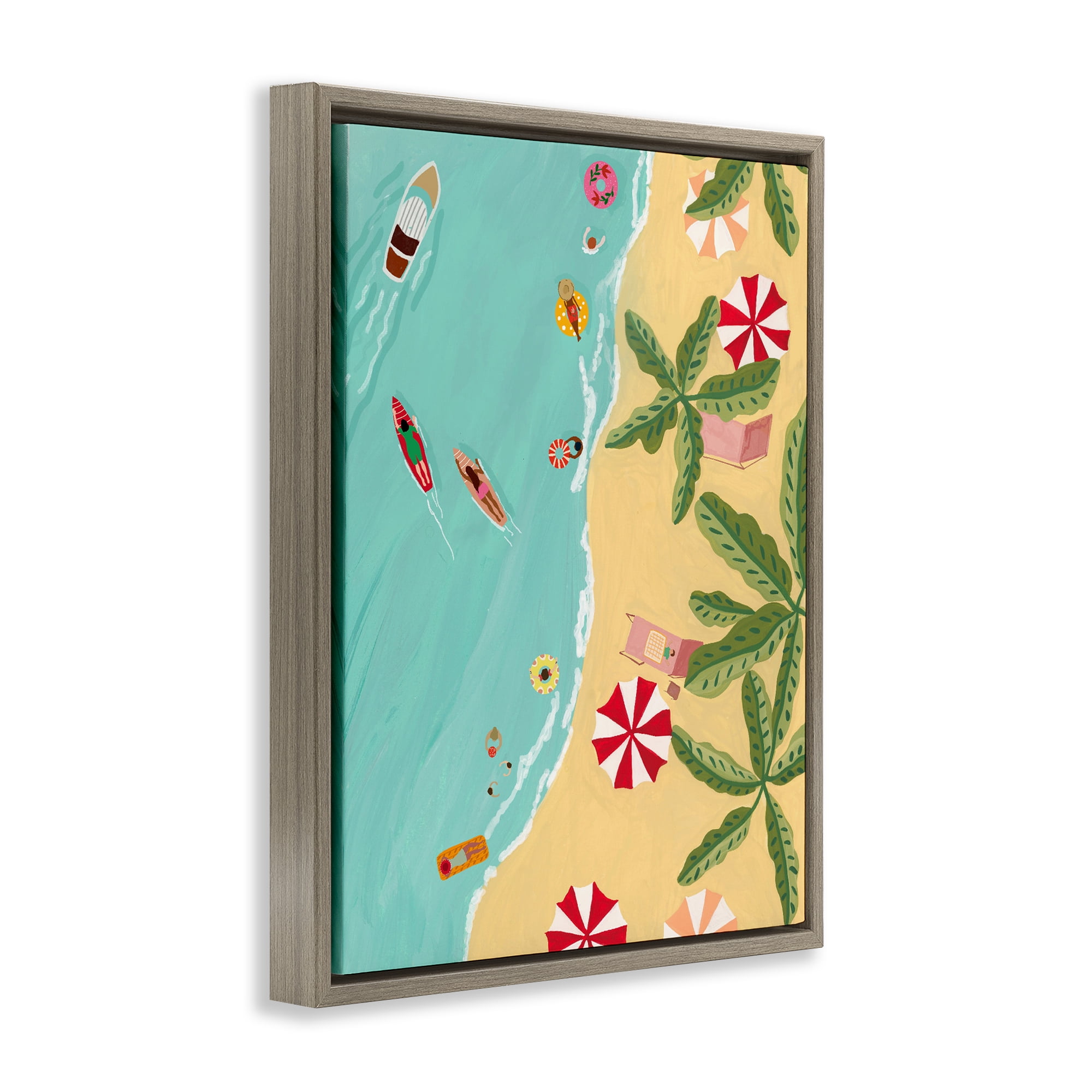 Busy Beach Day Hangout Brown Framed Floater Canvas Wall Art, design by Nabeela Rumi