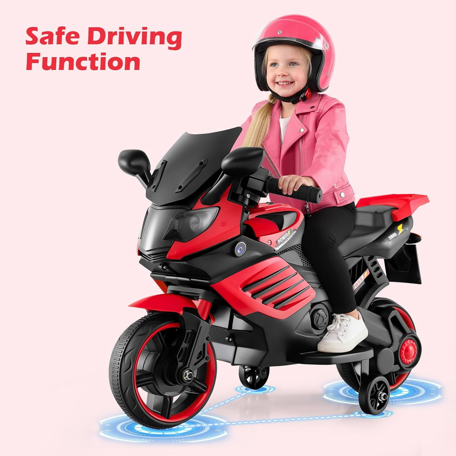 OLAKIDS 6V Kids Motorcycle with Training Wheels, Horn, Music, Headlight for Boys Girls Aged 3+ Years