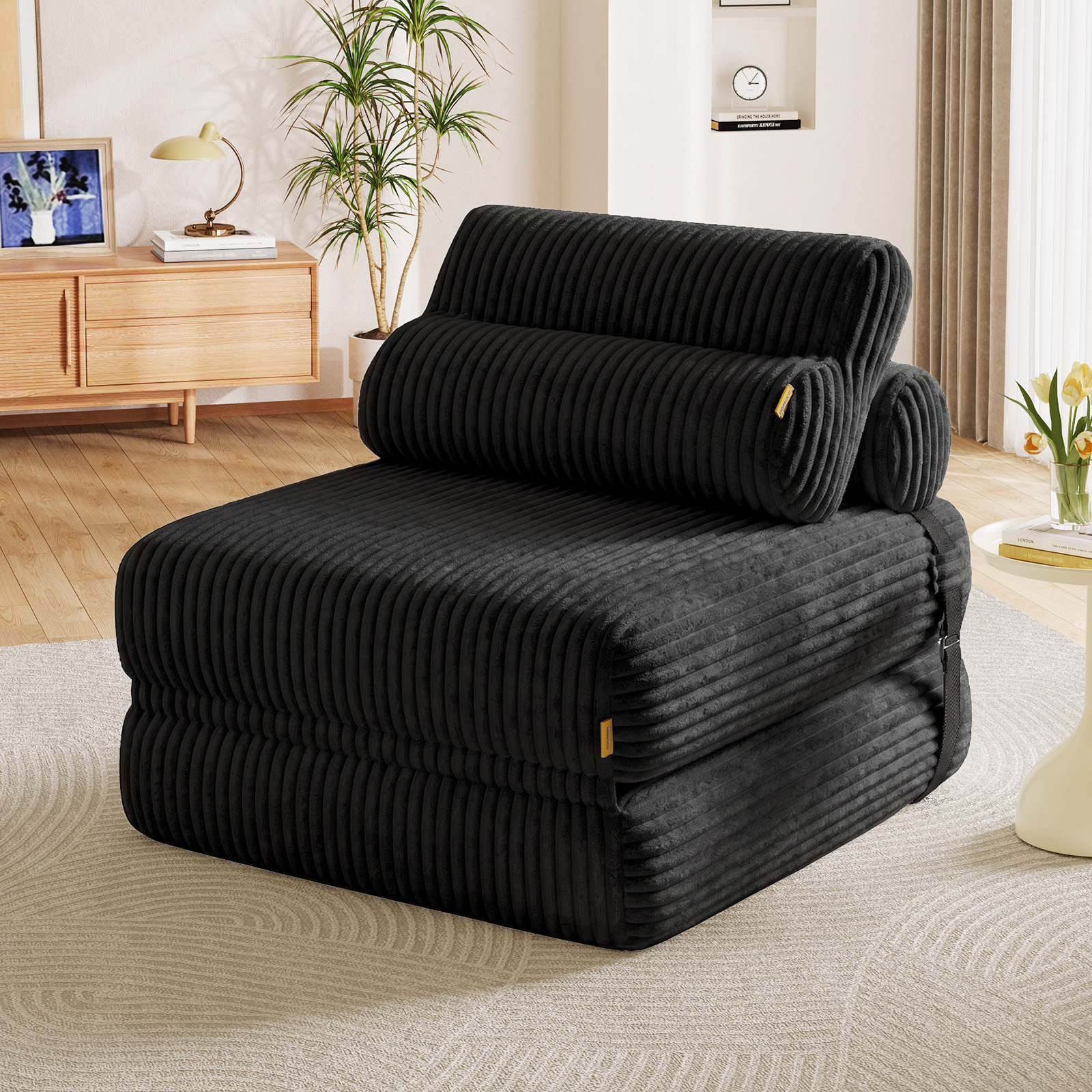 Pinmoco Folding Sofa Bed, Corduroy Convertible, Black photo 1